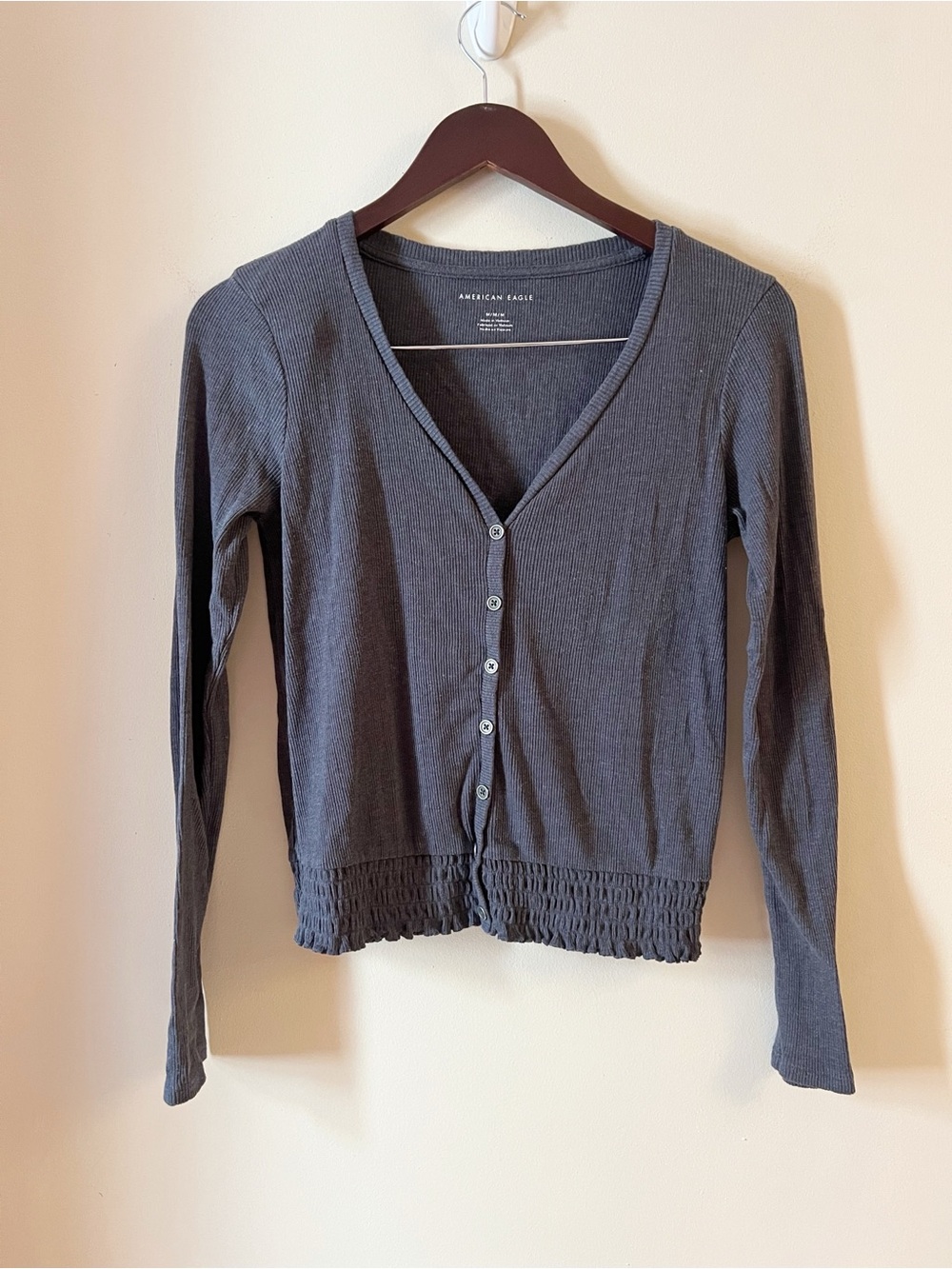 American Eagle Navy Blue Ribbed V-neck Button Front Top Size M Smocked Waist